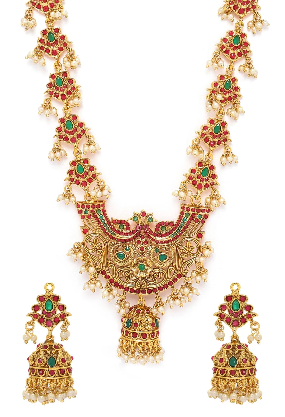 Rubans Ruby Studded Temple Necklace Set