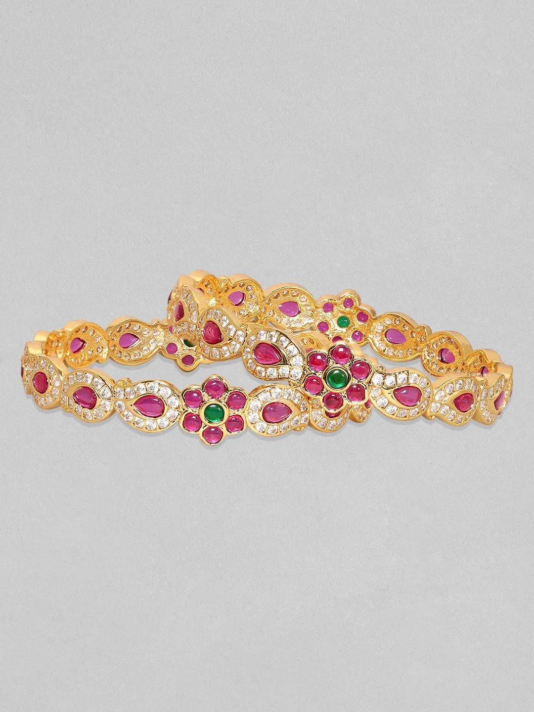 Rubans Set Of 2, 24K Gold Plated Red & Green Zircons Flower Motif Bangles