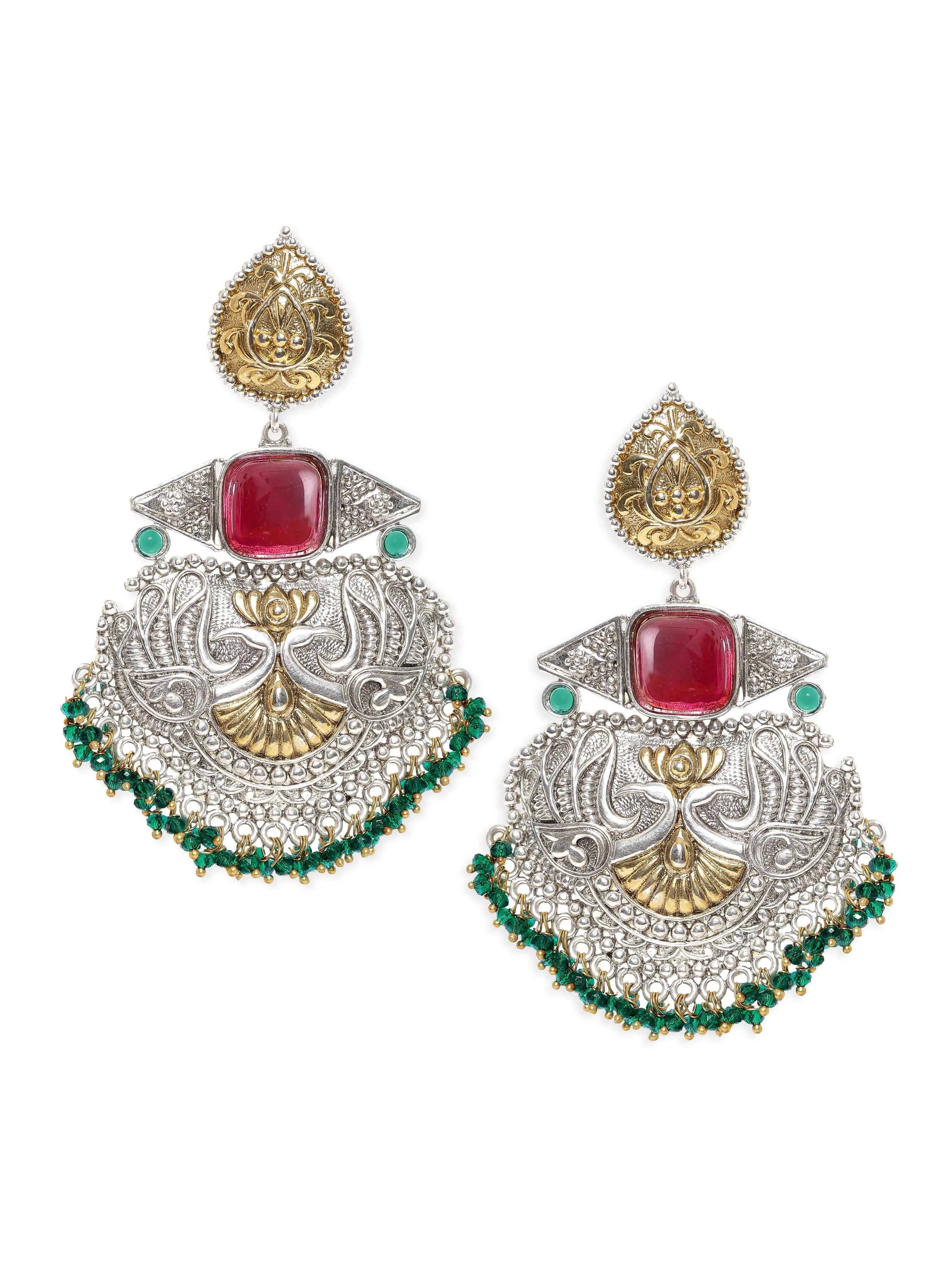 Rubans Silver Oxidized & Gold Plated Ruby Studded Green Beaded Chandbali Earrings