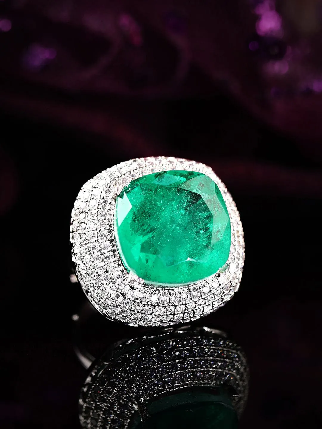 Rubans Silver Plated Emerald Dome Cocktail Ring