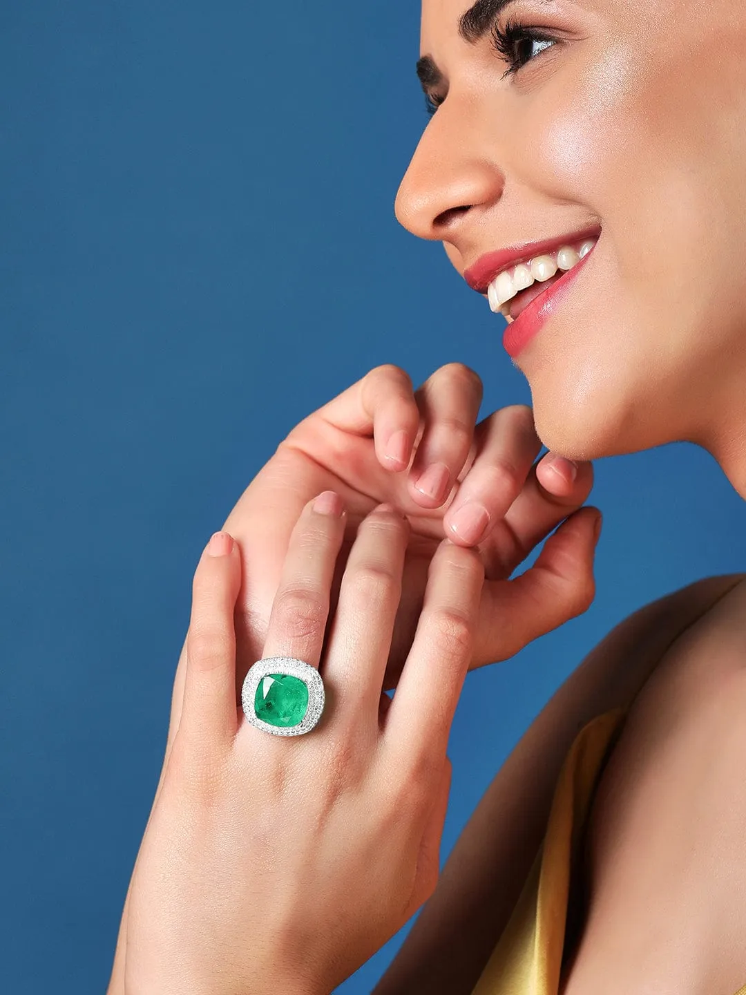 Rubans Silver Plated Emerald Dome Cocktail Ring