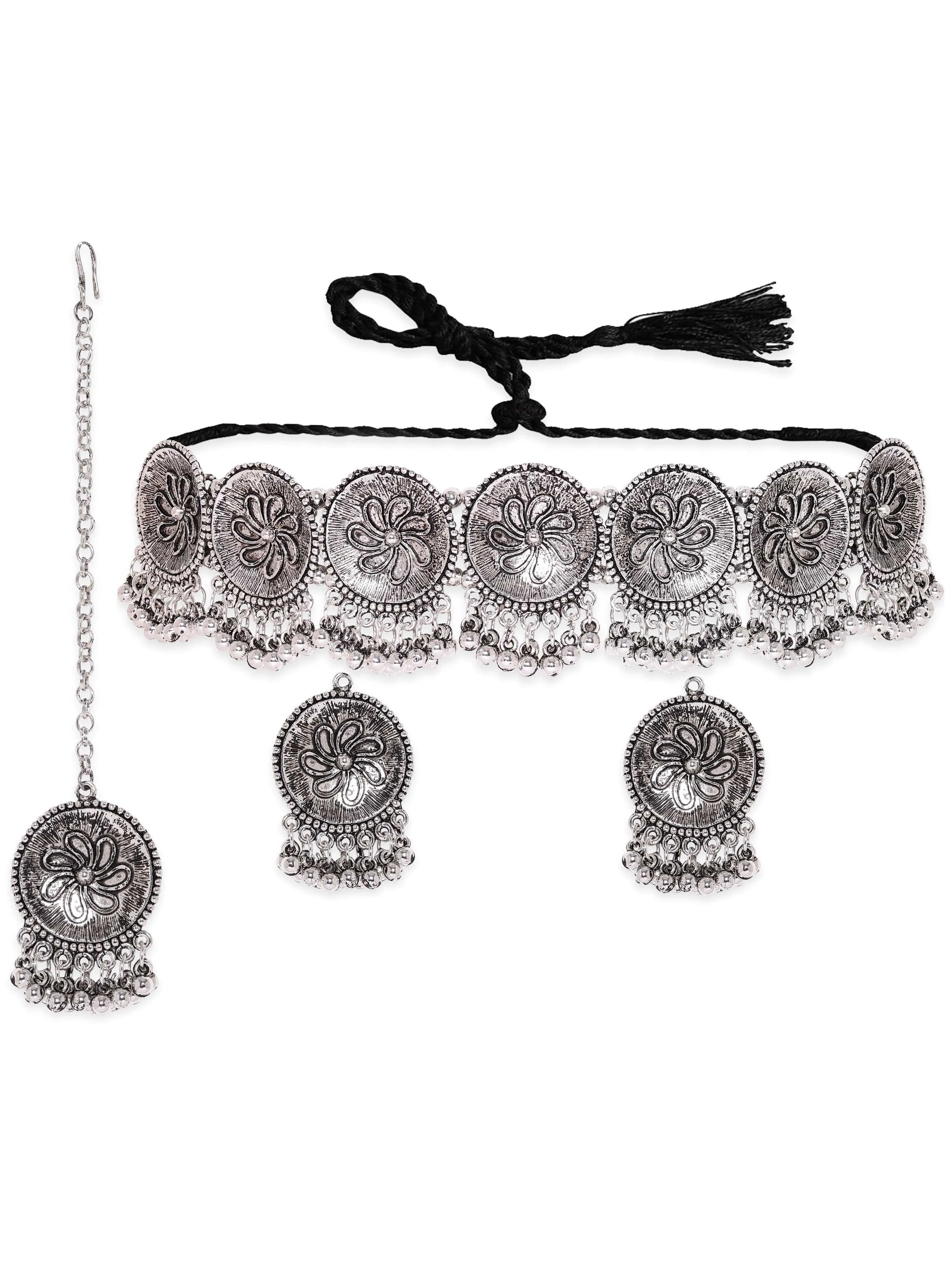 Rubans Silver Plated Ghungroo Beaded Floral Jewellery Set