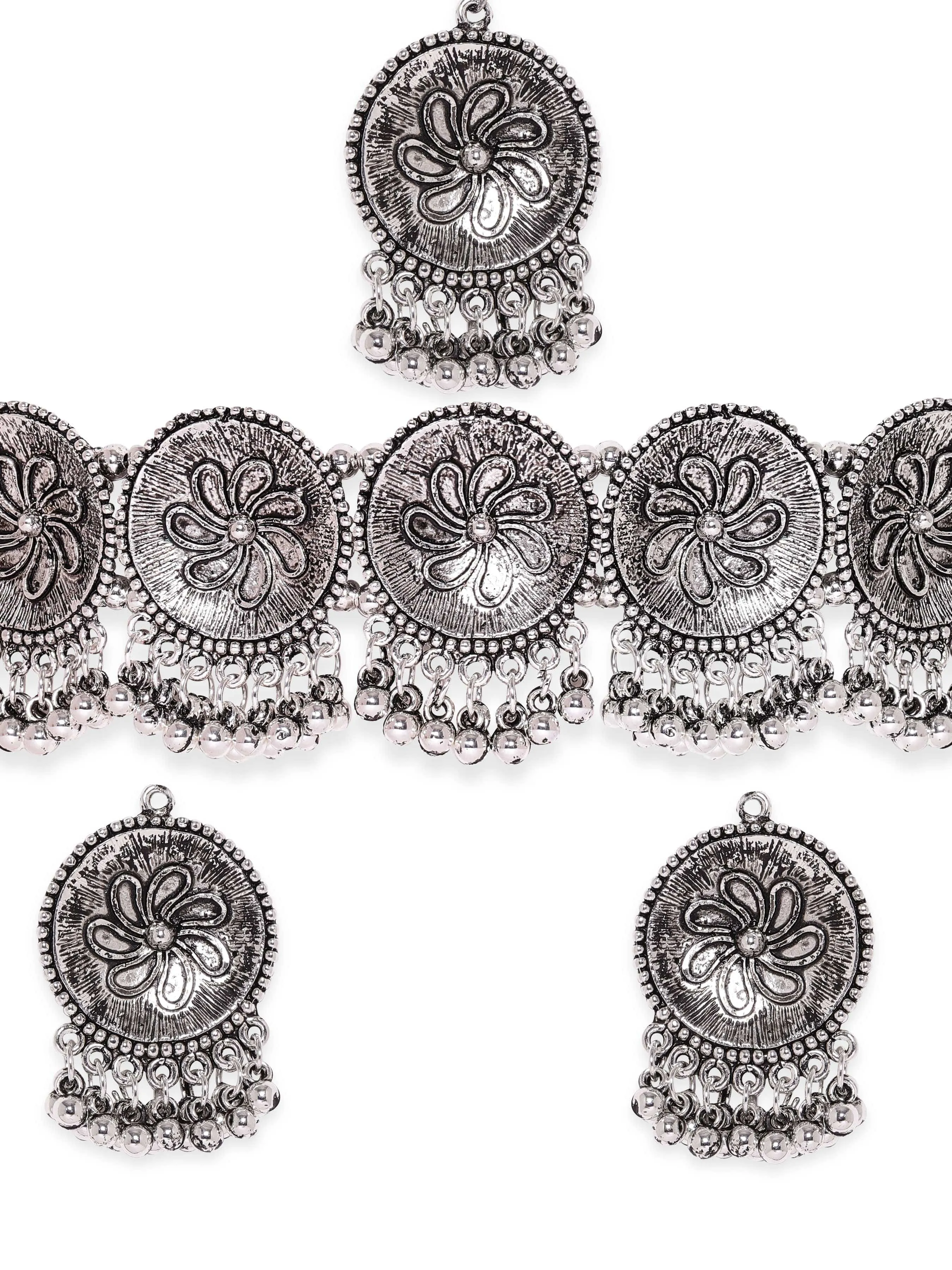 Rubans Silver Plated Ghungroo Beaded Floral Jewellery Set