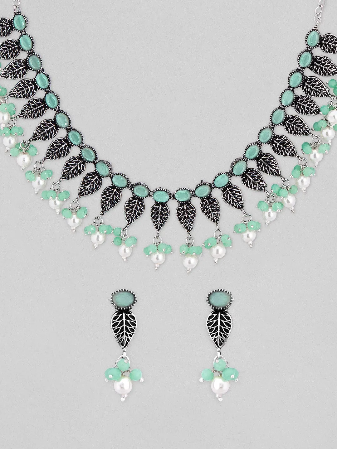 Rubans Silver-Plated Oxidised Green Stone & Pearls Studded Necklace Set