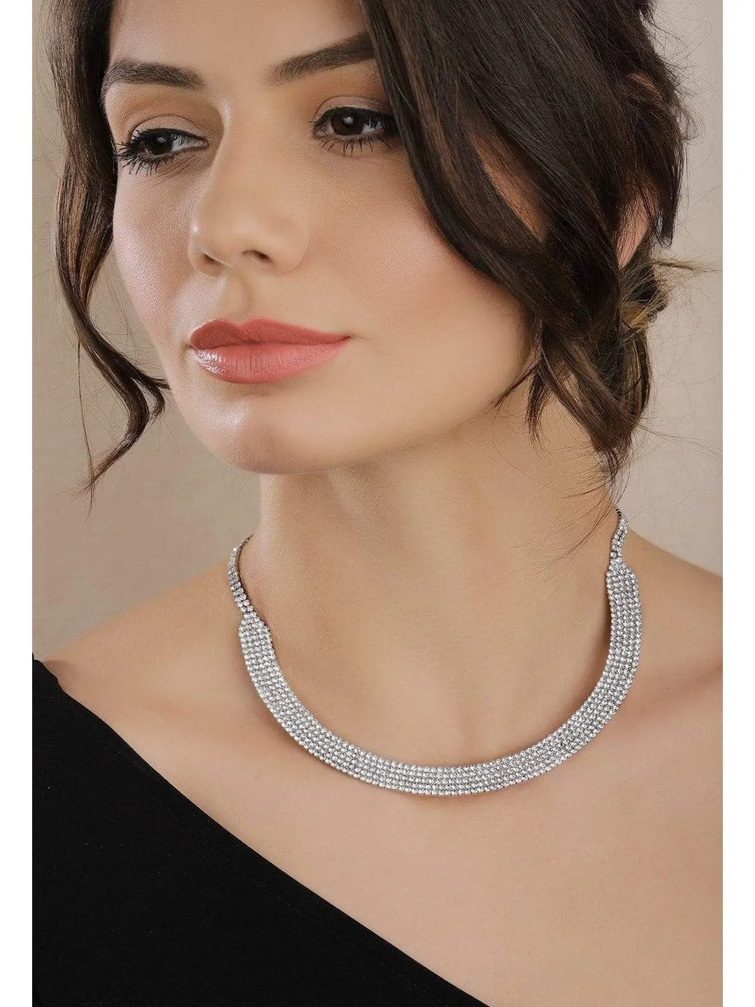 Rubans Silver Toned Handcrafted Rhinestone Necklace