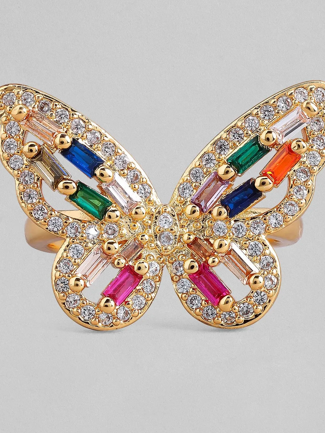 Rubans Voguish 18K Gold Plated Stainless Steel Waterproof Statement Butterfly Ring With Multicolour Zircon Stones.