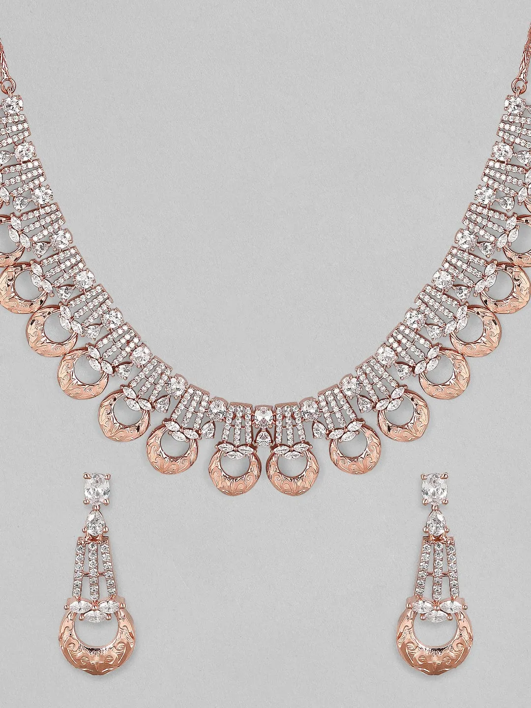 Rubans Zircon Studded Handcrafted Rose Gold Plated Statement Necklace Set