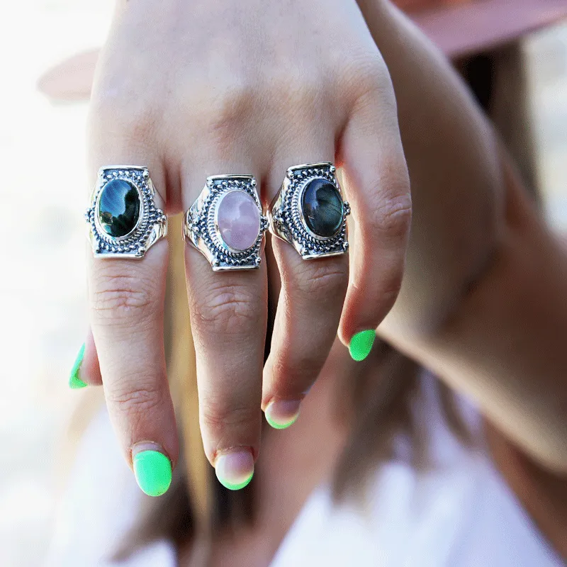 Saddle Rose Quartz Bohemian Ring