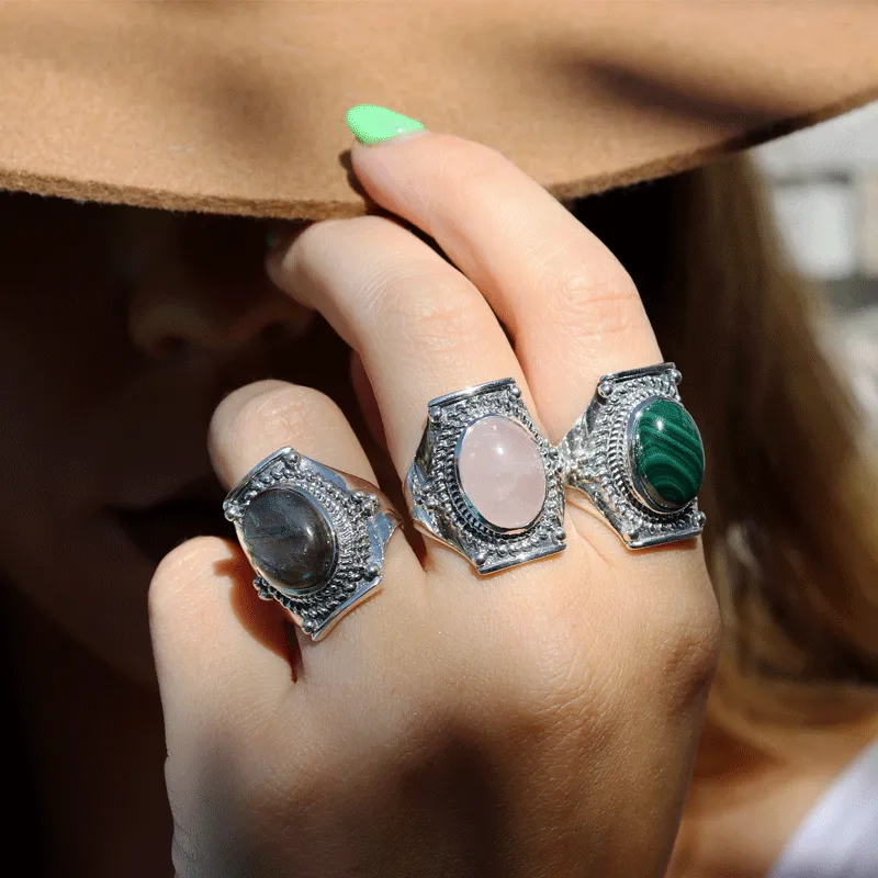 Saddle Rose Quartz Bohemian Ring