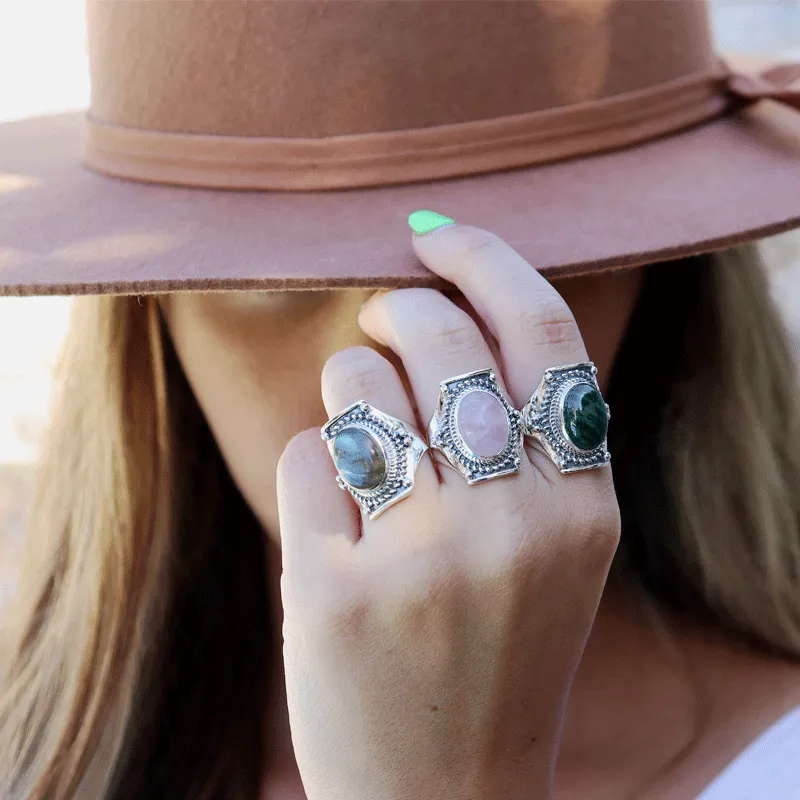 Saddle Rose Quartz Bohemian Ring