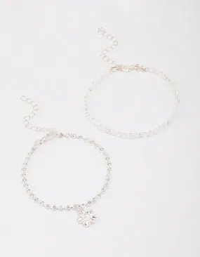 Silver Beaded Diamante Flower Bracelet Pack