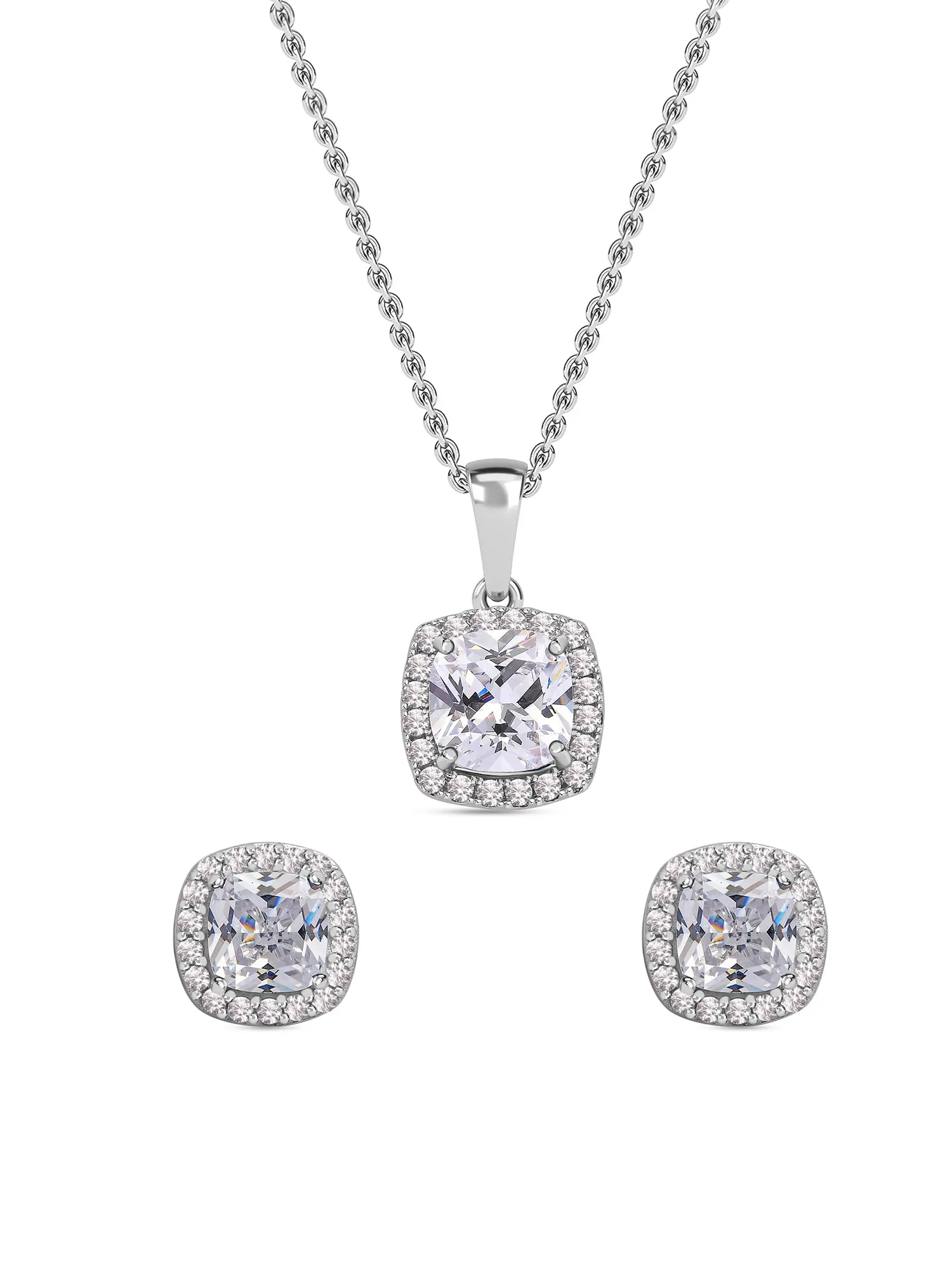 Silver Cushion Cut American Diamond Pendant With Earrings