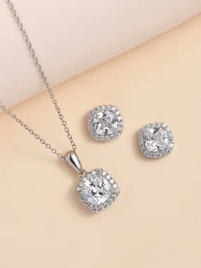 Silver Cushion Cut American Diamond Pendant With Earrings