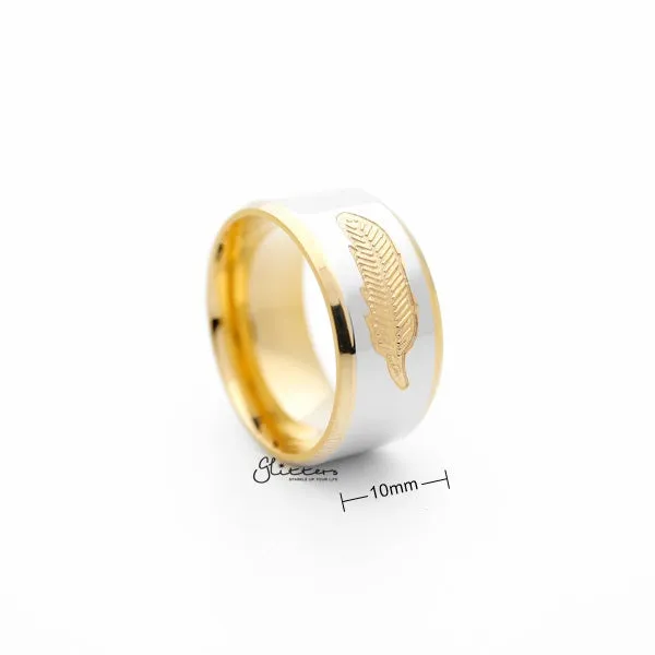 Stainless Steel 10mm Wide 2-Tone Polished with Golden feather Center Band Ring