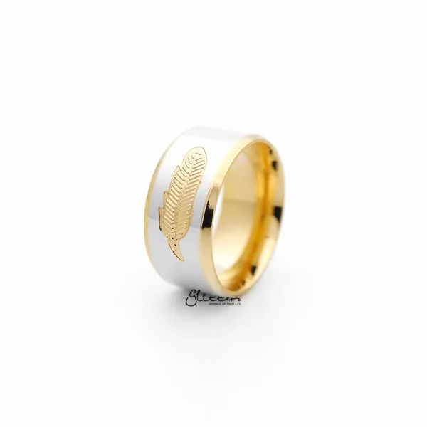 Stainless Steel 10mm Wide 2-Tone Polished with Golden feather Center Band Ring