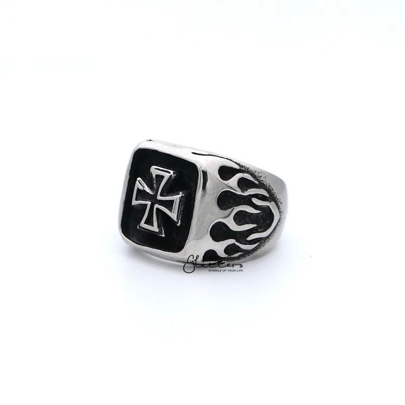 Stainless Steel Antiqued Cross with Fire Casting Men's Rings