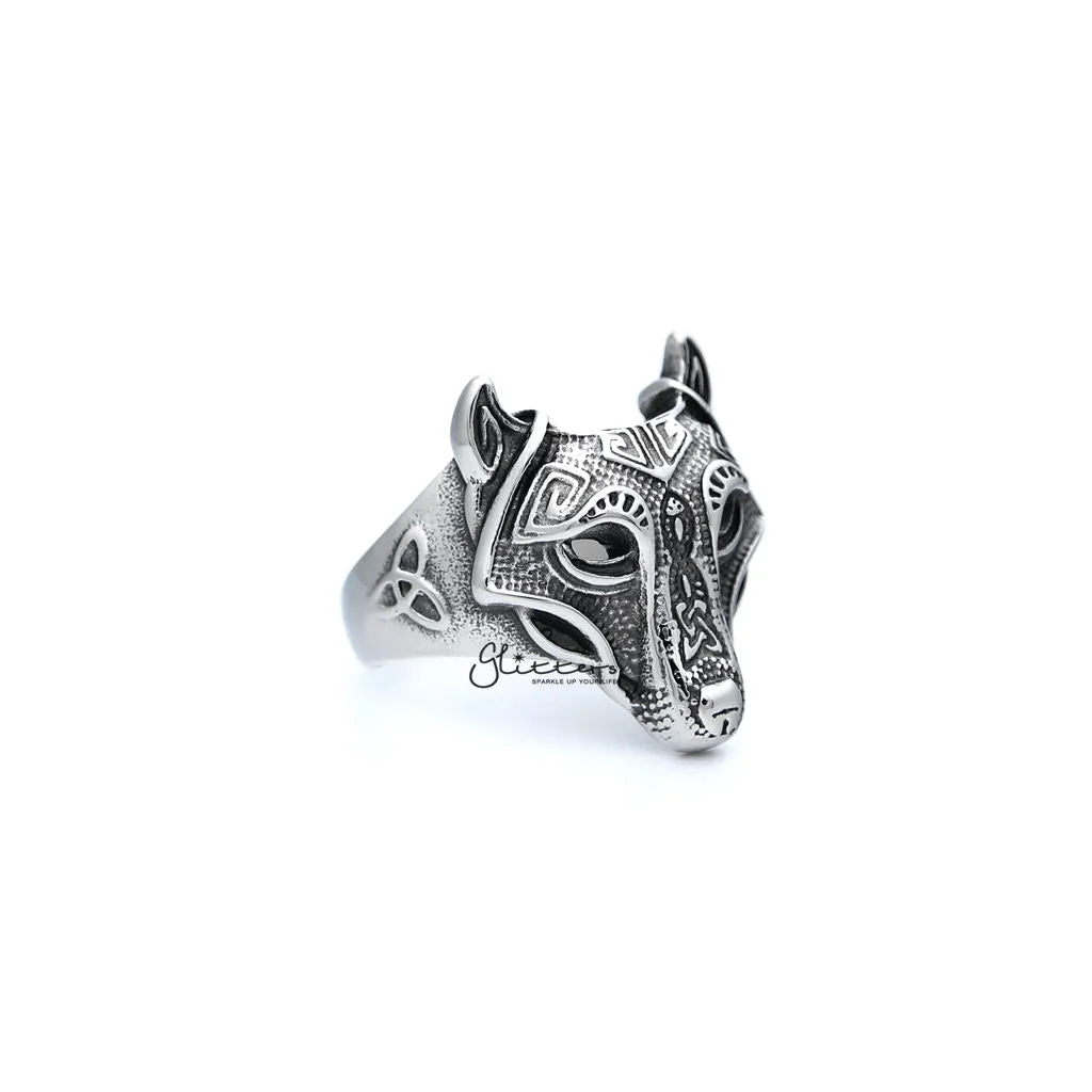 Stainless Steel Antiqued Wolf Head Casting Men's Rings