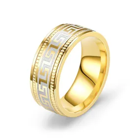 Stainless Steel Greek Key Pattern Band Ring - Gold