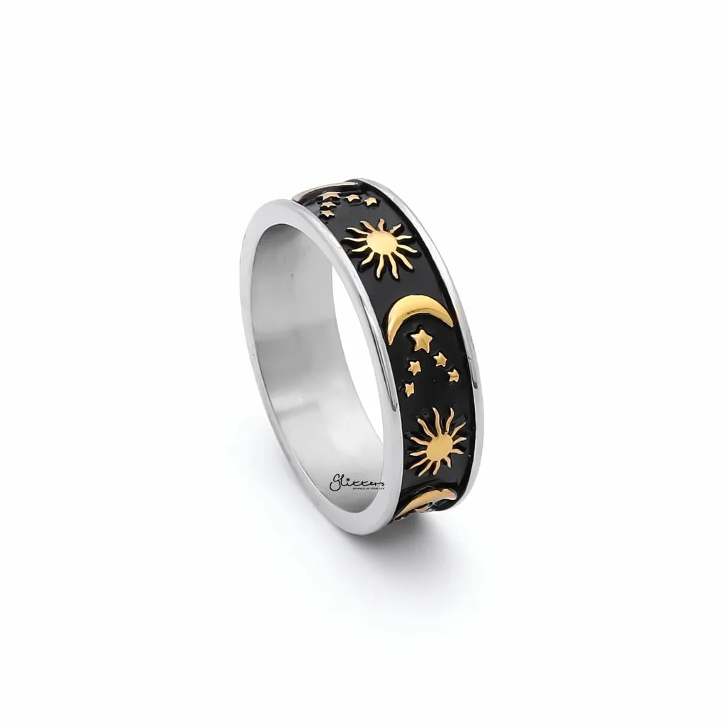 Stainless Steel Sun Moon Stars Ring - Gold