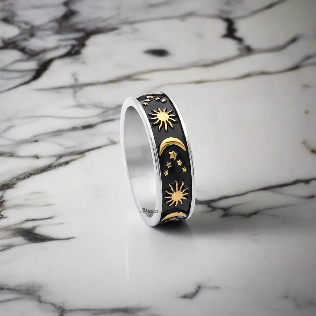 Stainless Steel Sun Moon Stars Ring - Gold