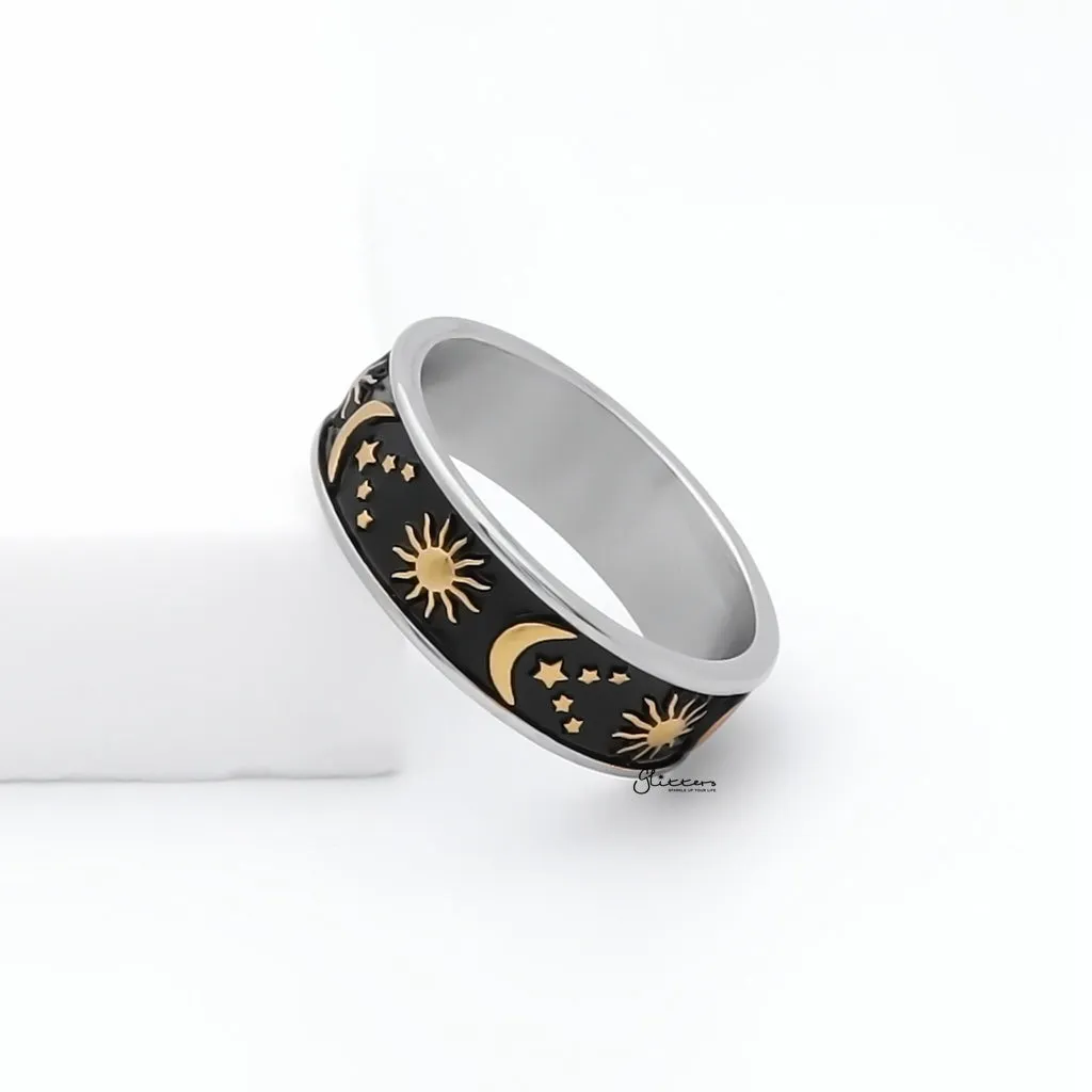 Stainless Steel Sun Moon Stars Ring - Gold