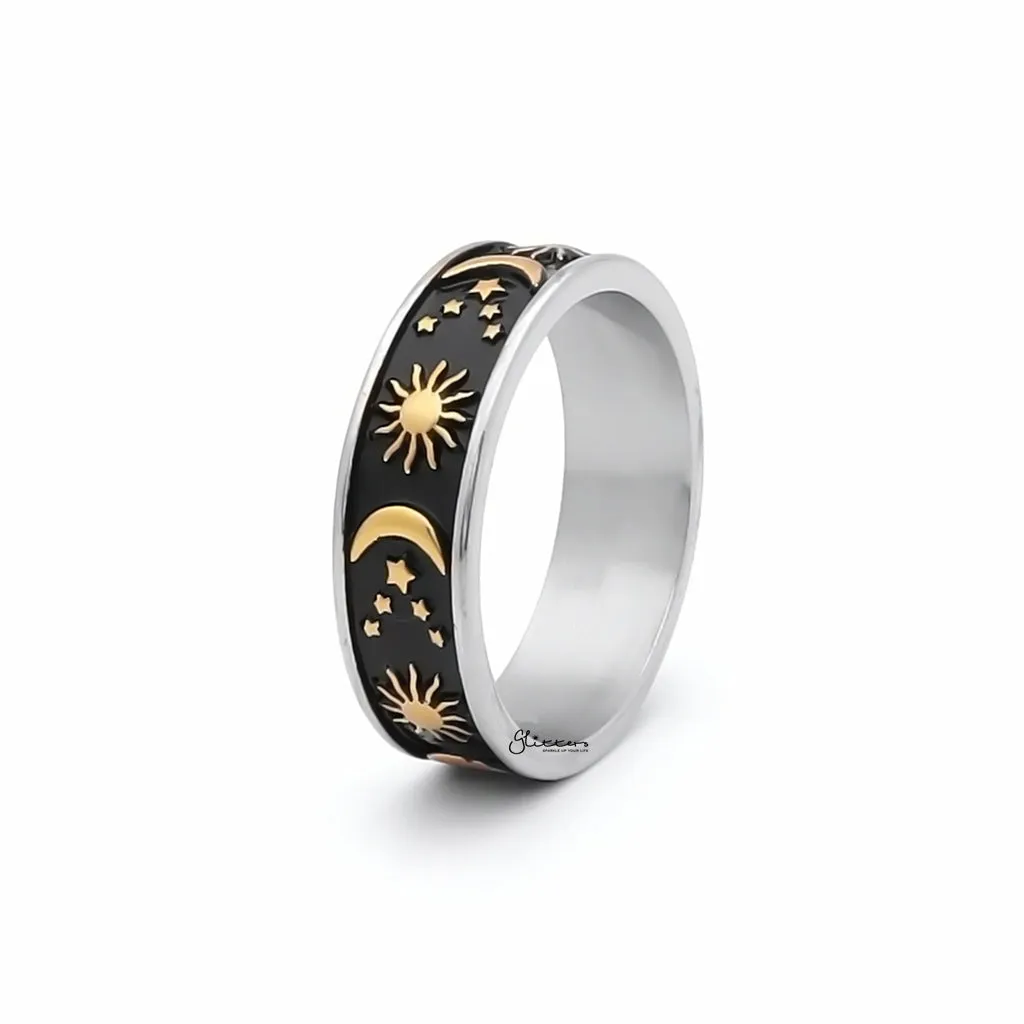 Stainless Steel Sun Moon Stars Ring - Gold