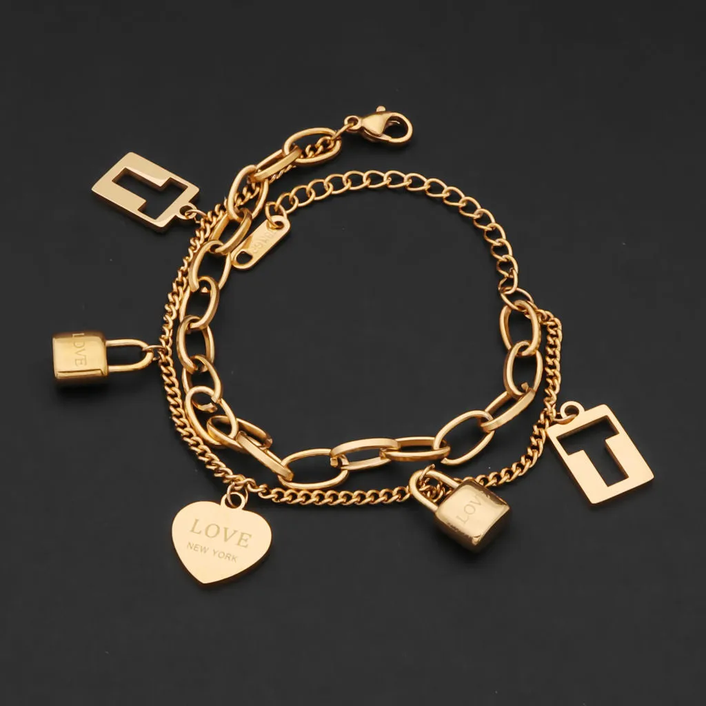 Stainless Steel Women's Bracelet with 5 Charms - Gold