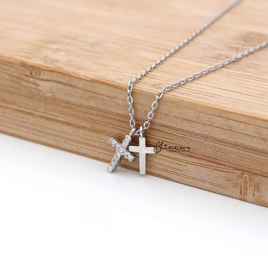 Sterling Silver CZ Paved Cross with Plain Cross Women's Necklace