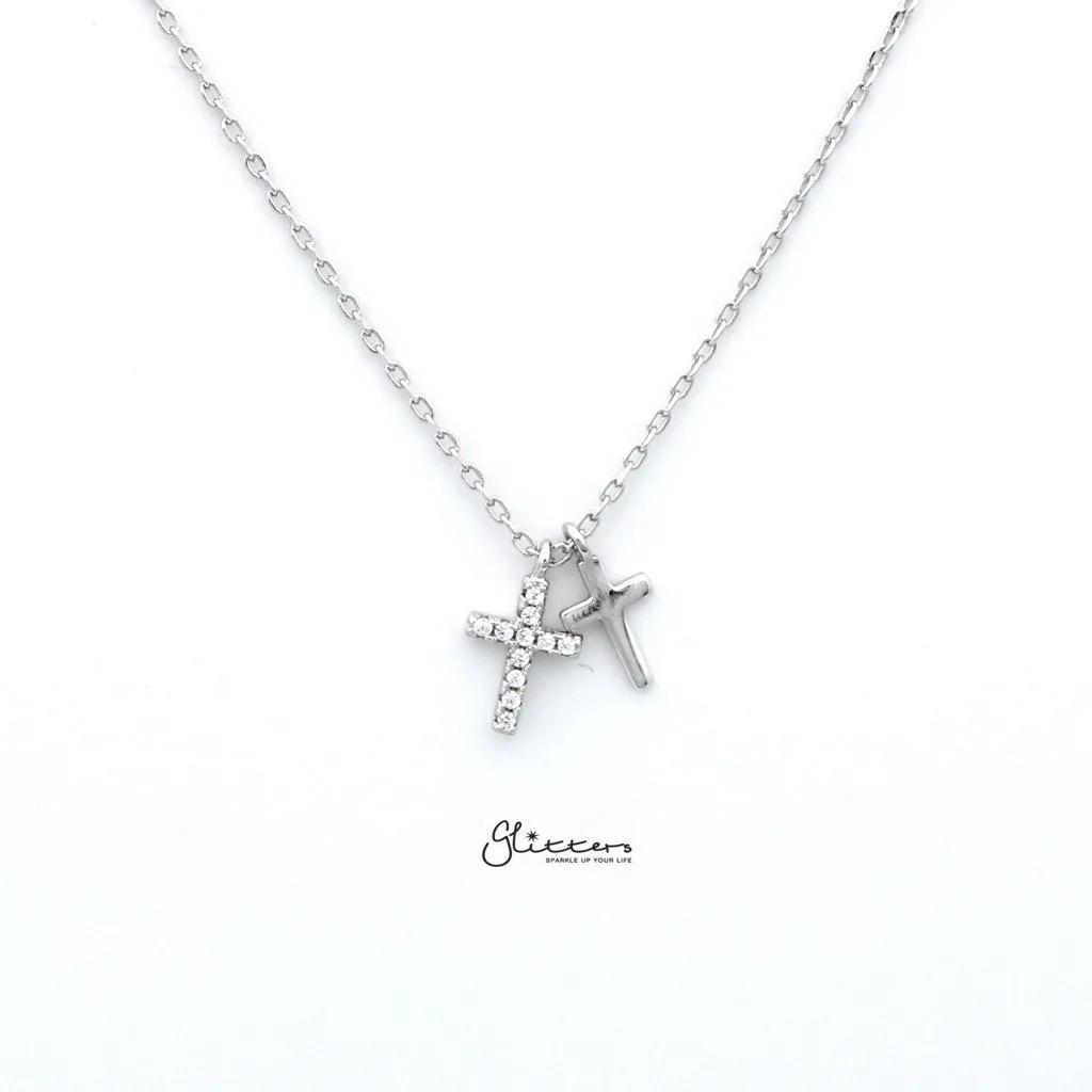 Sterling Silver CZ Paved Cross with Plain Cross Women's Necklace