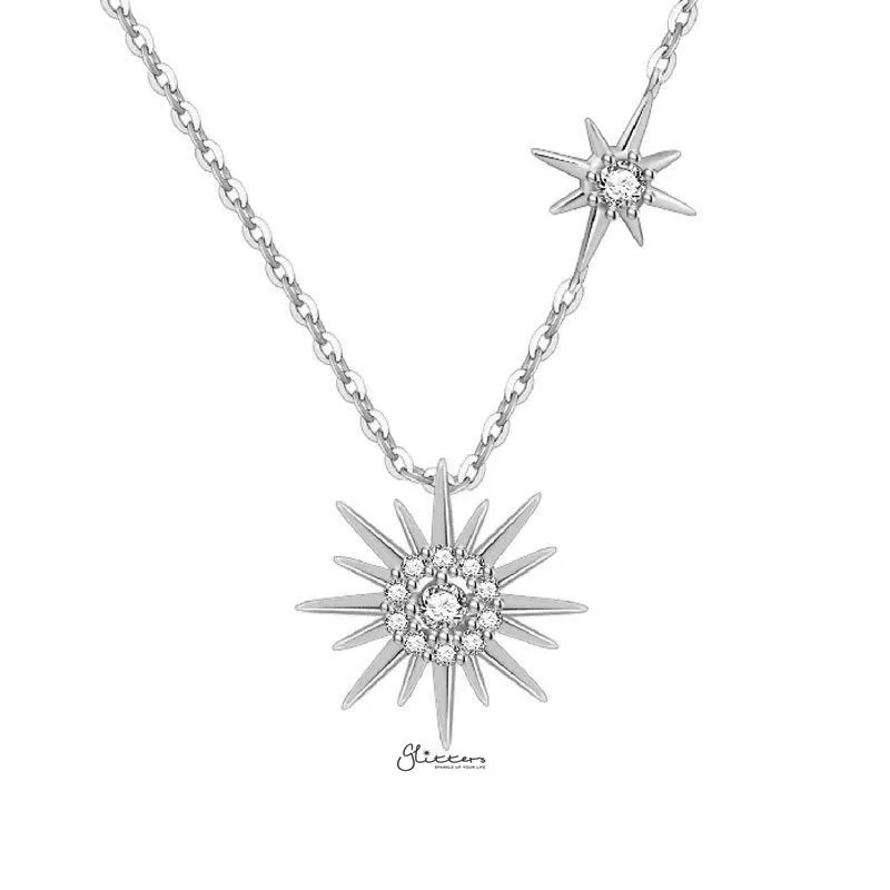 Sterling Silver C.Z Paved Sun Necklace - Silver