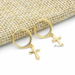 Sterling Silver Huggie Hoop Earrings with Dangle Cross - Gold