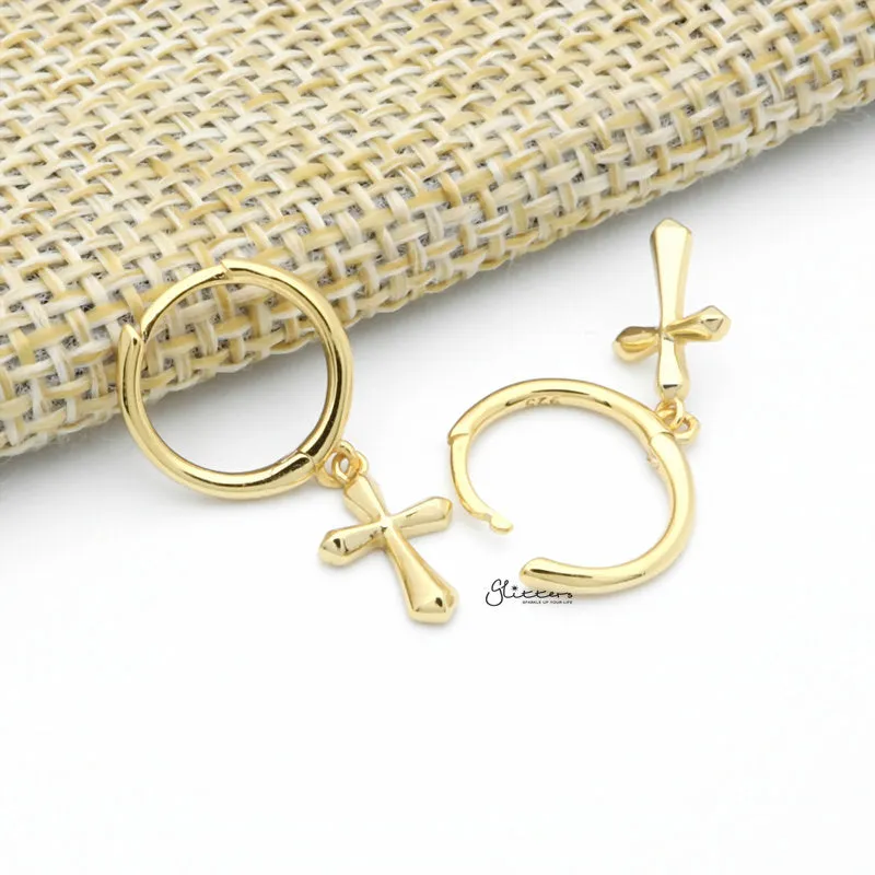 Sterling Silver Huggie Hoop Earrings with Dangle Cross - Gold