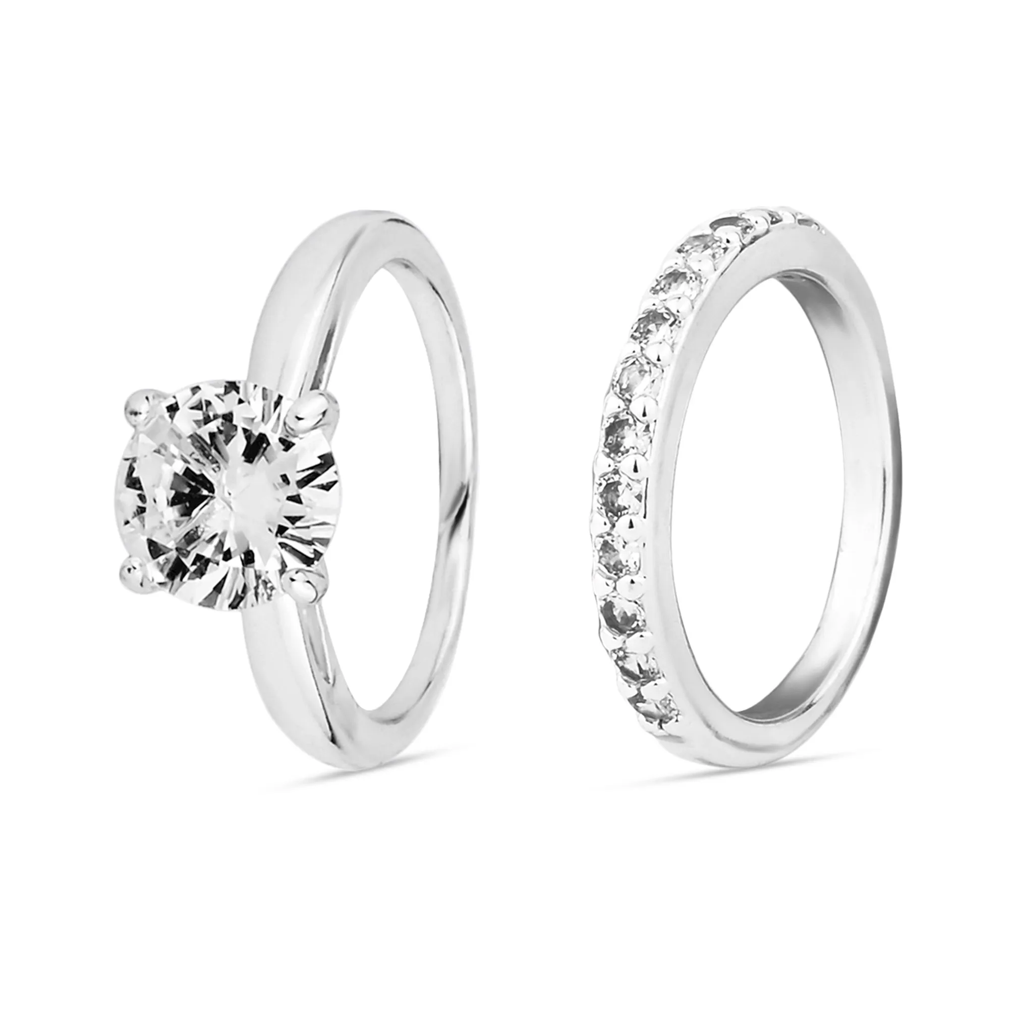 Sterling Silver-Plated Solitaire Rings Set Of Two White-Large