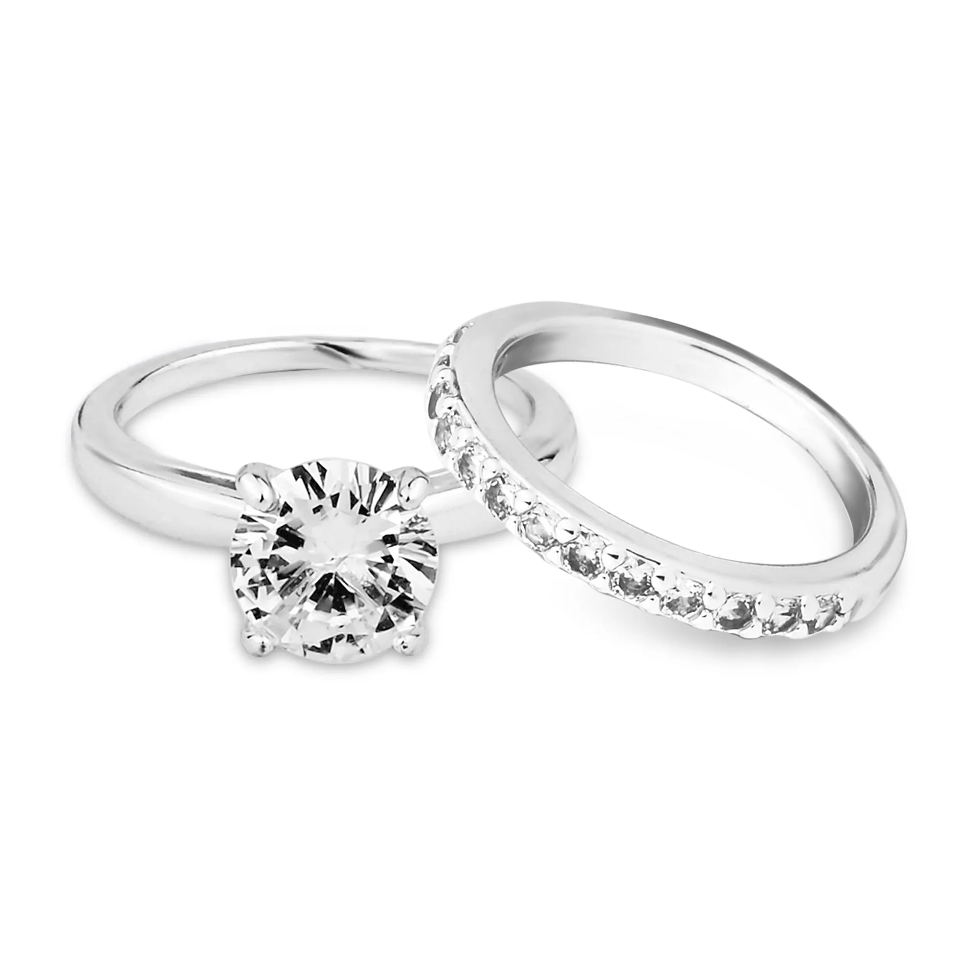 Sterling Silver-Plated Solitaire Rings Set Of Two White-Large