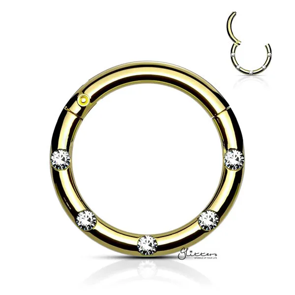 Surgical Steel Hinged Segment Hoop Ring with 5 Crystals - Gold