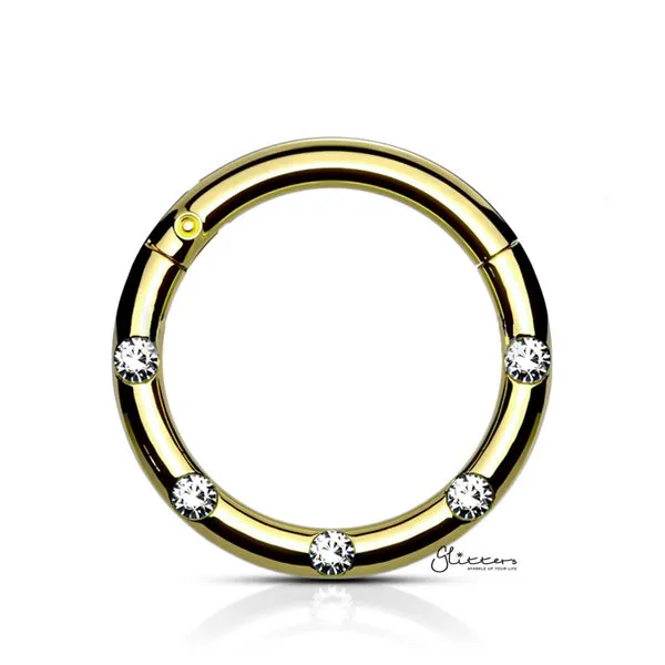 Surgical Steel Hinged Segment Hoop Ring with 5 Crystals - Gold