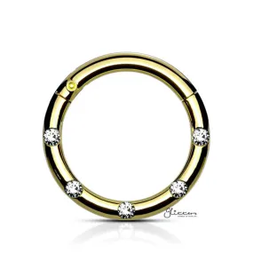 Surgical Steel Hinged Segment Hoop Ring with 5 Crystals - Gold