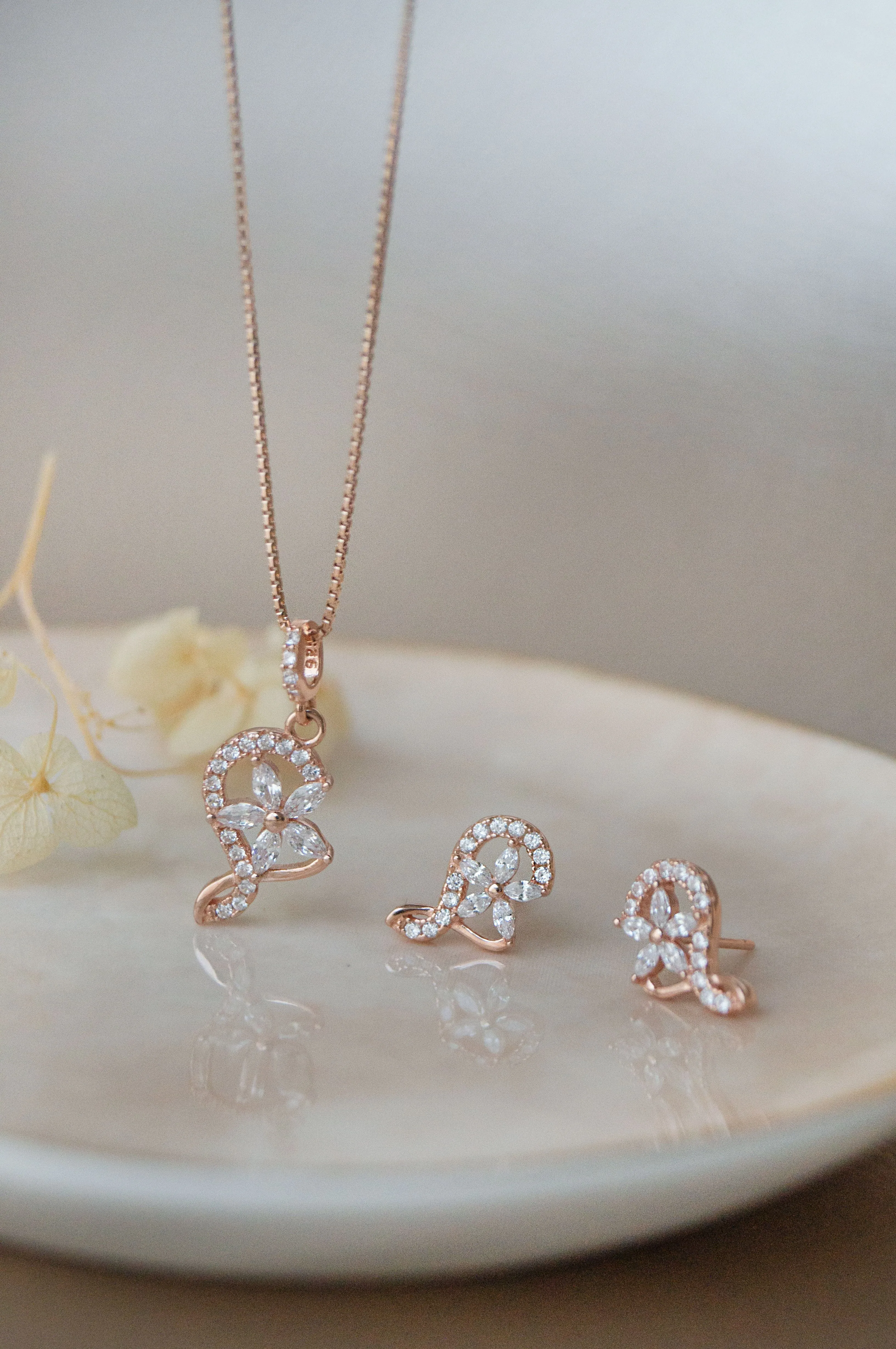 Swirling Flower Rose Gold Plated Sterling Silver Pendant Set