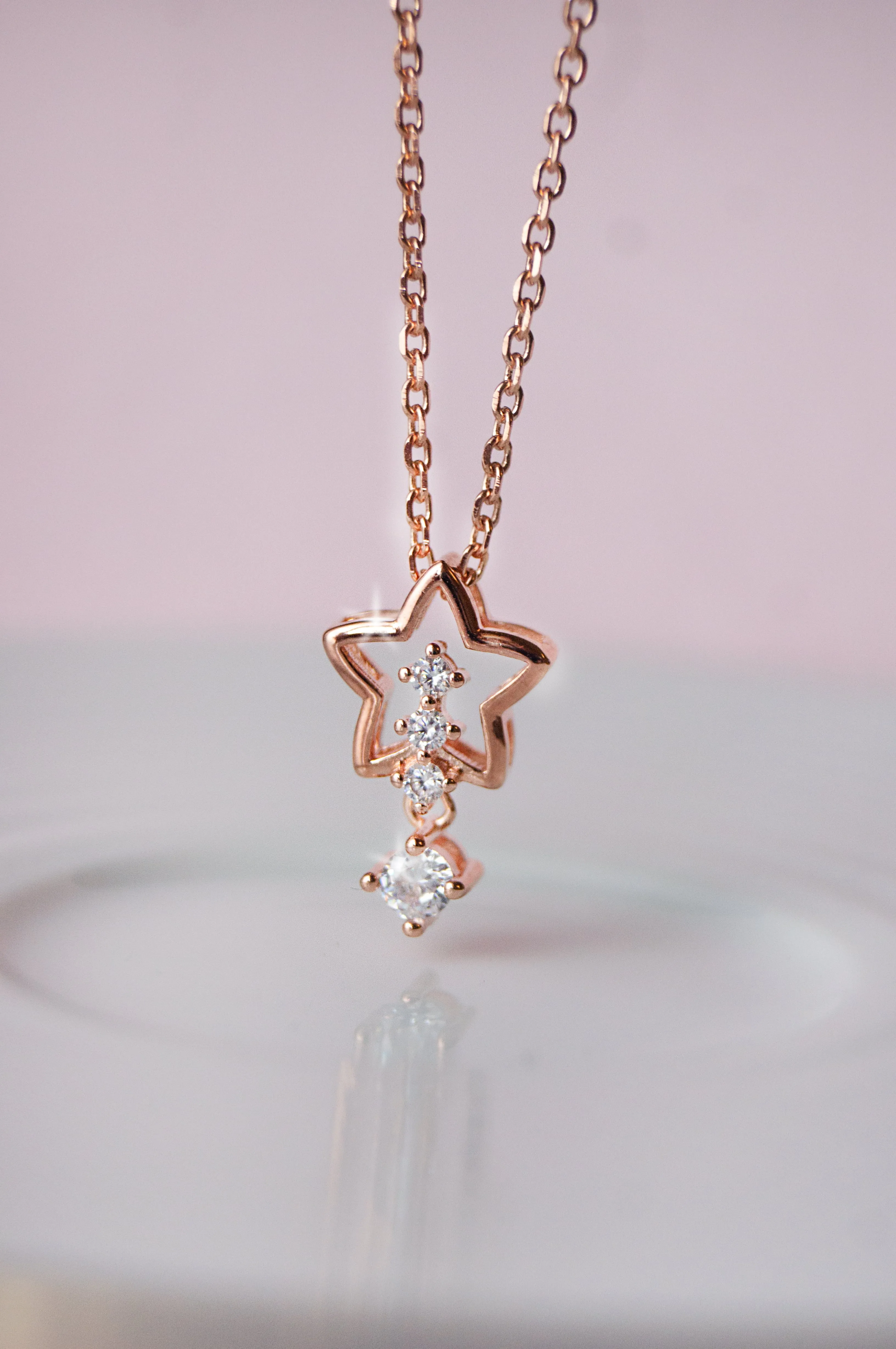 Tail Star Sparkly Rose Gold Plated Sterling Silver Pendant With Chain Necklace