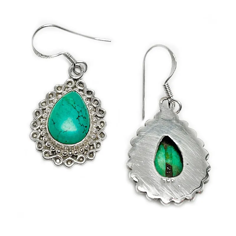 Teardrop Turquoise Boho Silver Earrings