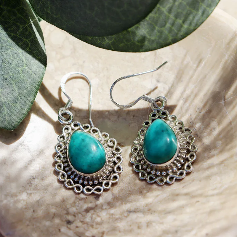 Teardrop Turquoise Boho Silver Earrings