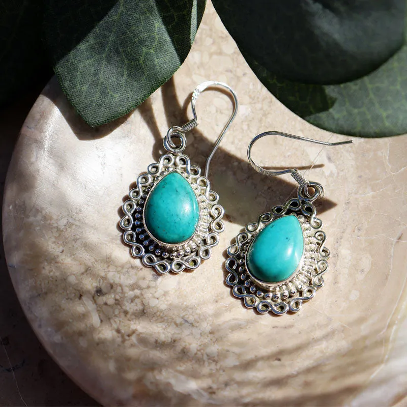 Teardrop Turquoise Boho Silver Earrings