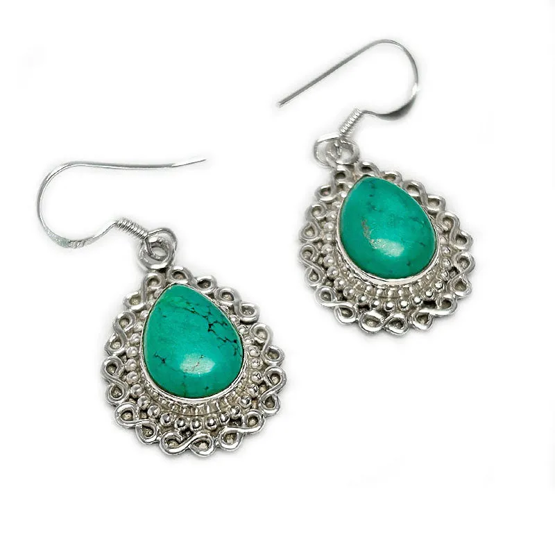 Teardrop Turquoise Boho Silver Earrings