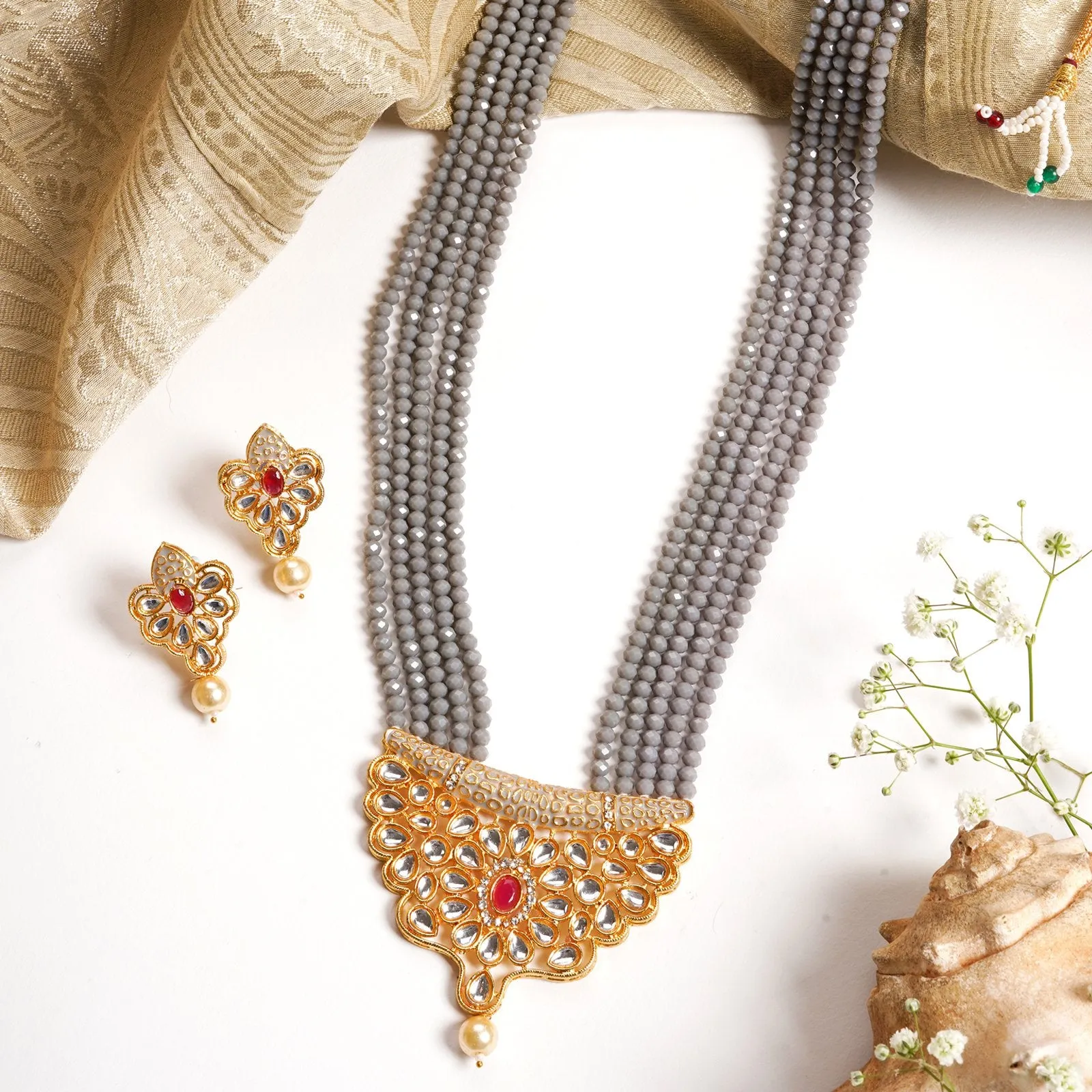 Teejh Ranihaar Light Grey Beads And Stone Necklace Set