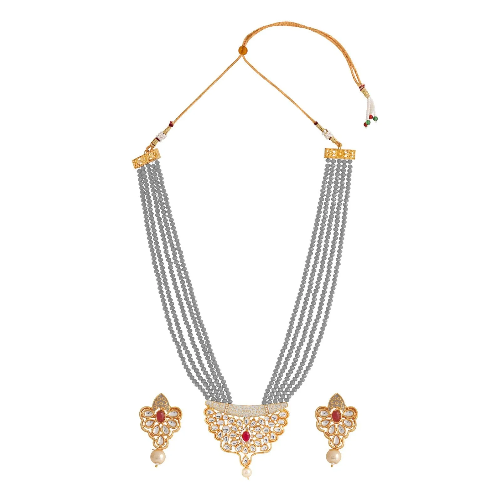 Teejh Ranihaar Light Grey Beads And Stone Necklace Set