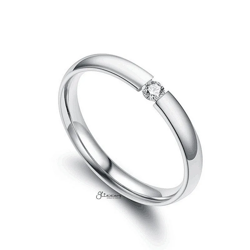 Tension Set CZ 3mm Wide Glossy Mirror Polished Band Ring - Silver