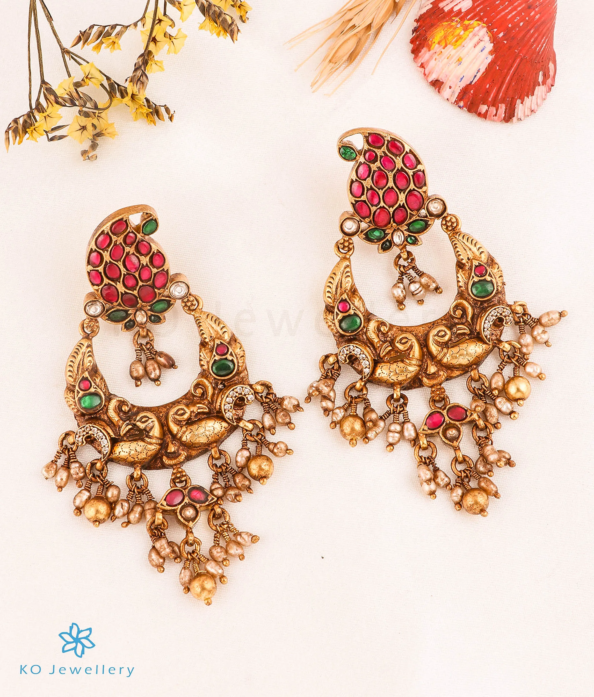 The Peshkash Silver Jadau Peacock Chand Bali Earrings