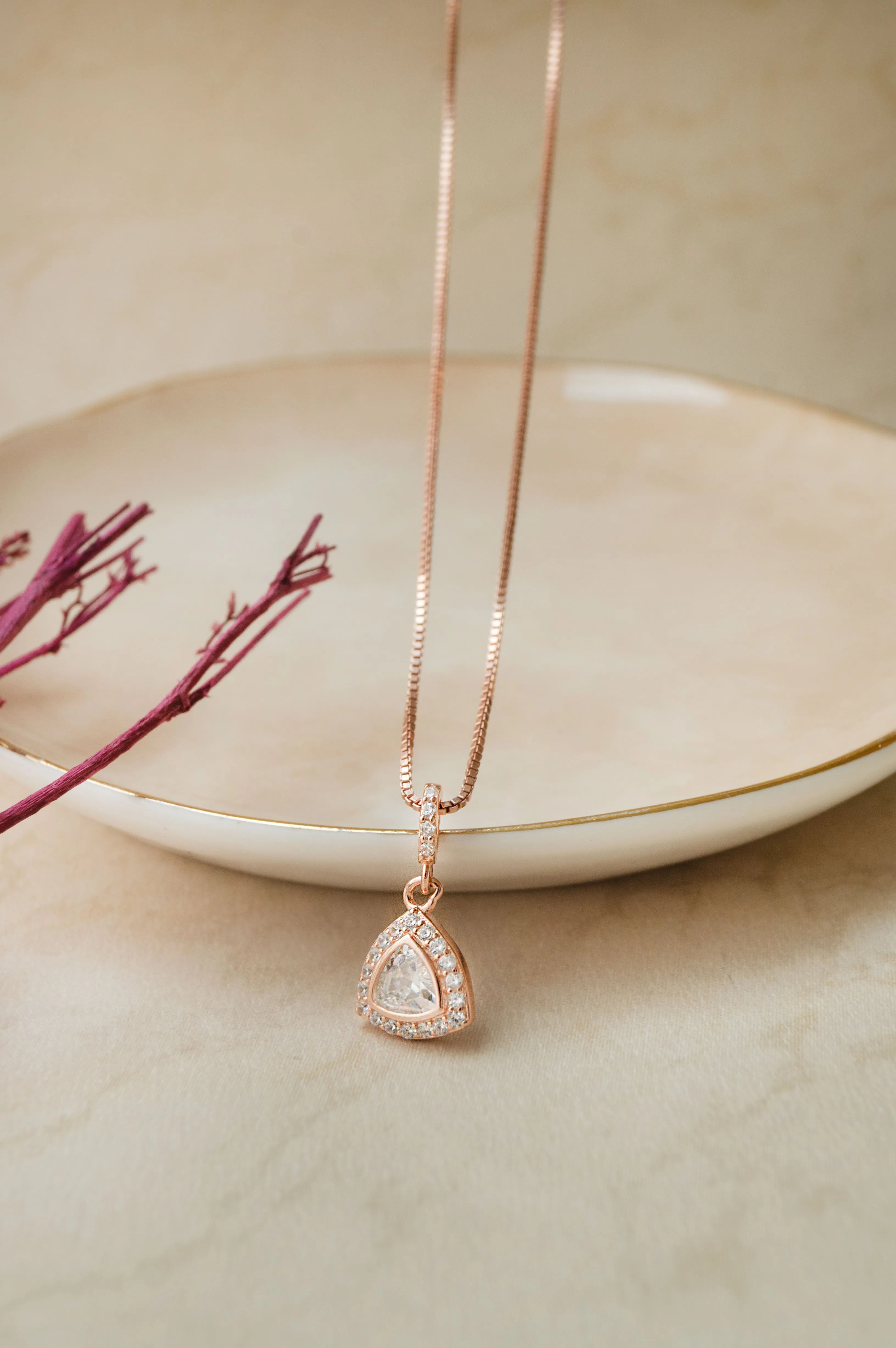 Trillion Sparkle Triangular Rose Gold Plated Sterling Silver Pendant