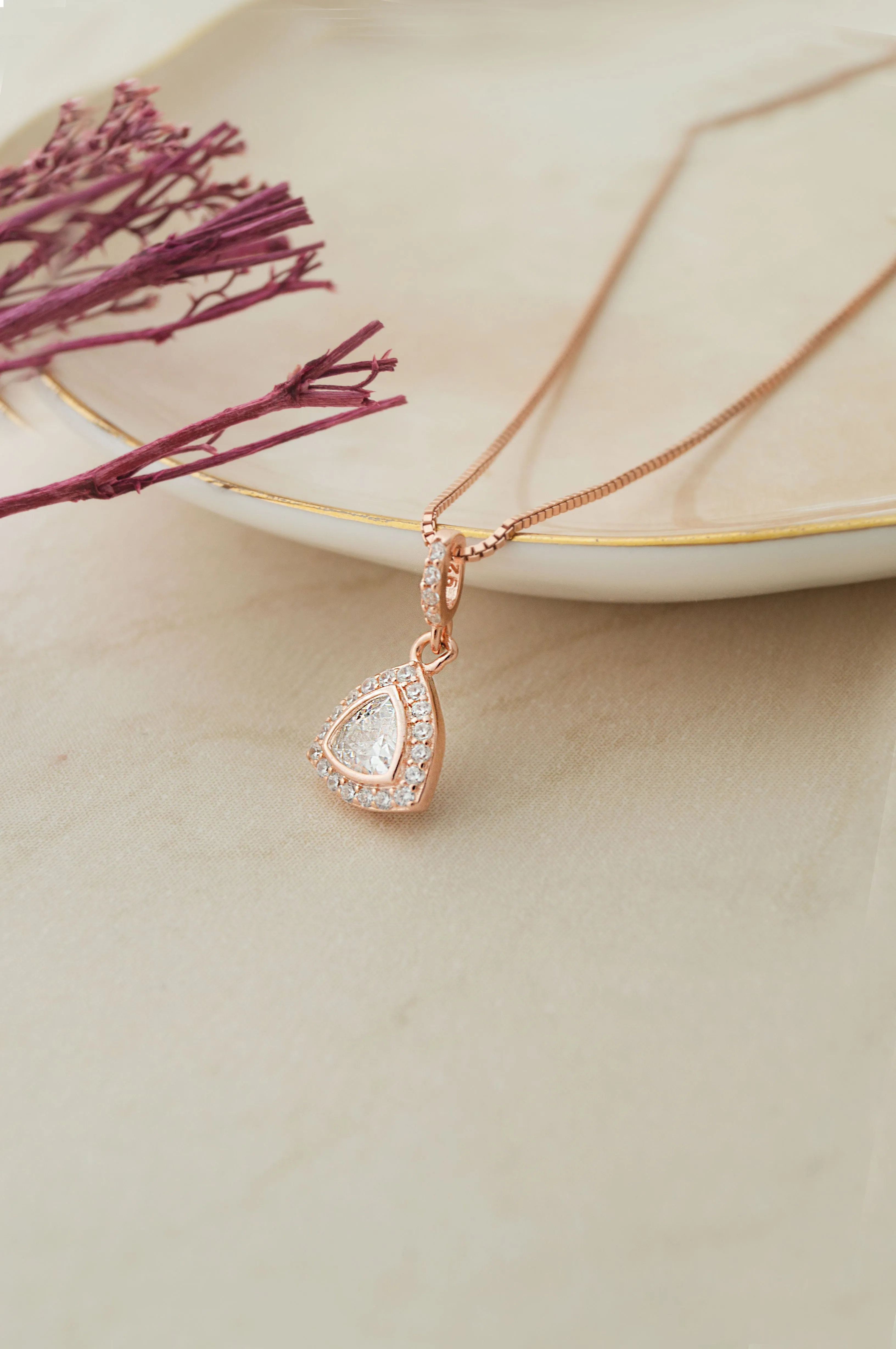 Trillion Sparkle Triangular Rose Gold Plated Sterling Silver Pendant