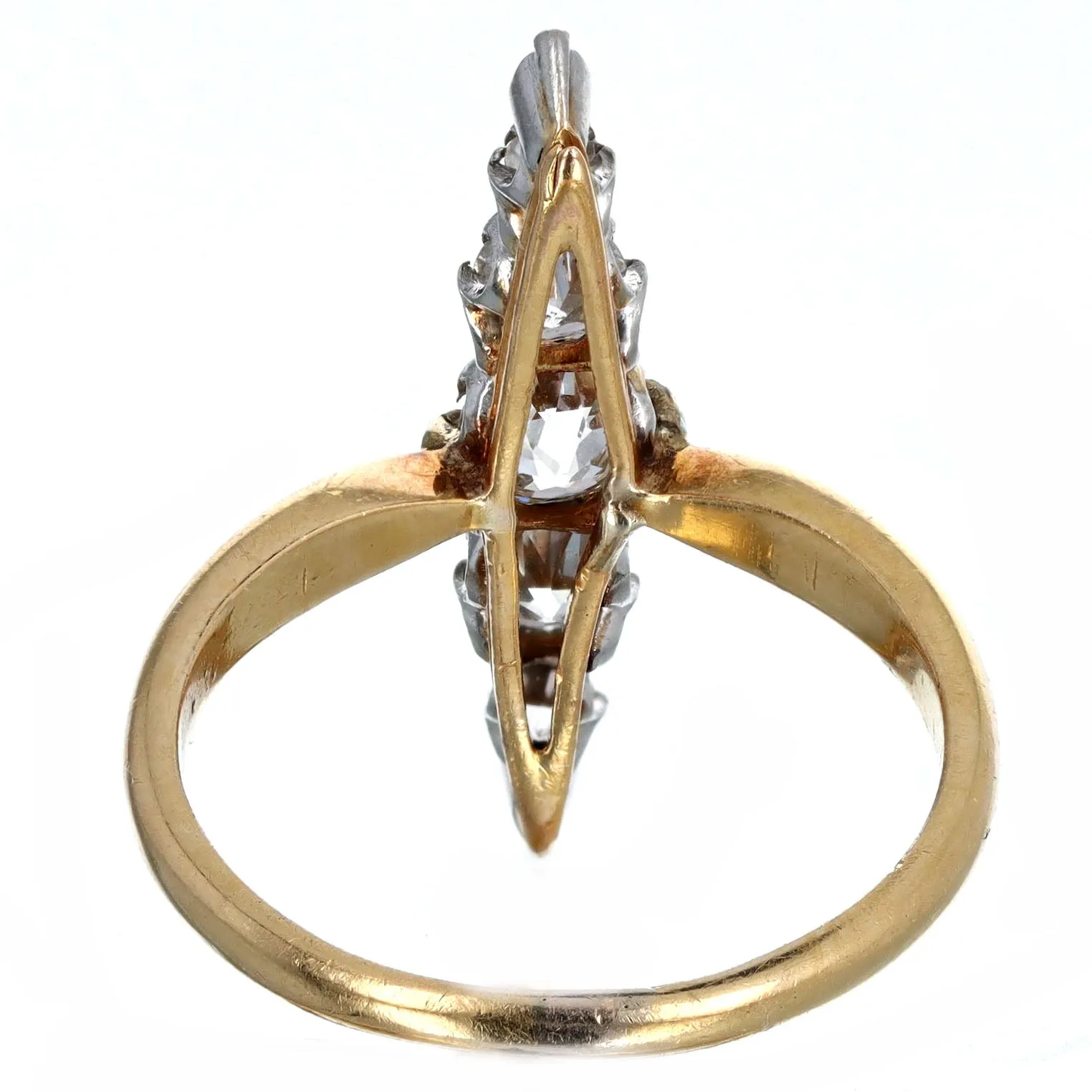 Victorian 0.80 Carat Total Weight Old European Diamond Navette Ring in 18K Yellow Gold